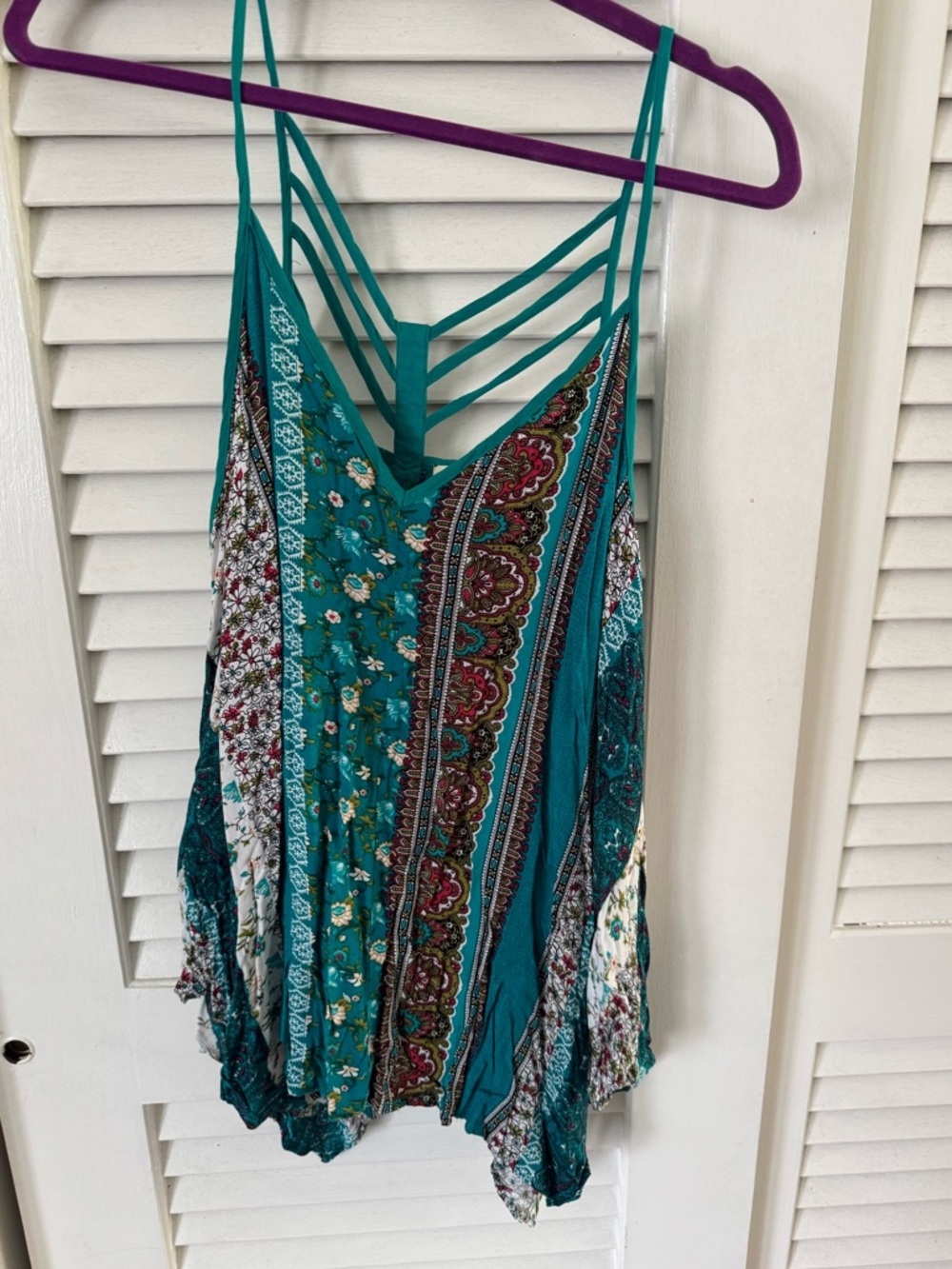 Kori Teal Multi-Print Strappy V-Neck Camisole